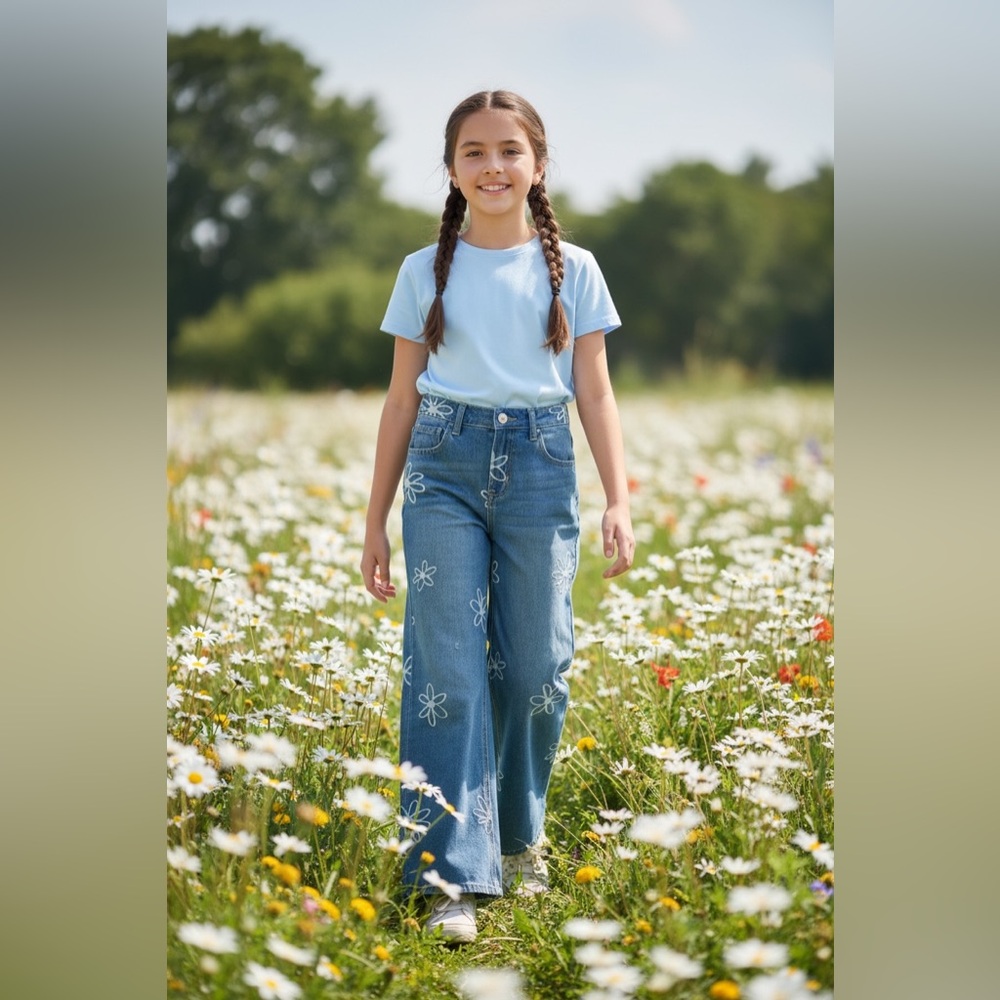 Justice Blue Denim Wide-Leg Split Boot Cut Jeans White Daisy Print Girls Size 10